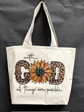 Handmade Tote Bag "With God All Things Are Possible" w/Pockets & Plaid Lining